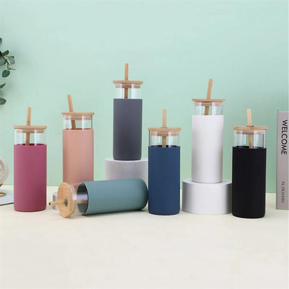 20oz Glass Tumbler with Silicone Sleeve Bamboo Lid & Straw
