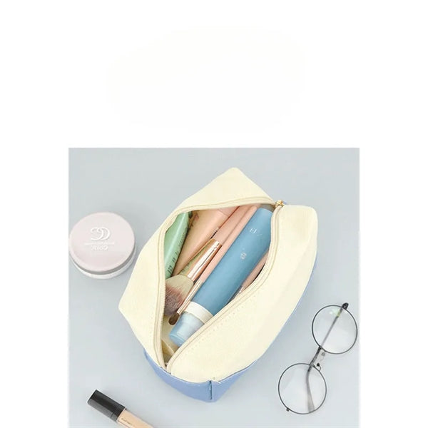 Cotton Canvas Color Blocking Cosmetic Bag Essentials Pouch