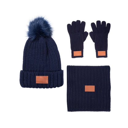 Leeman Three-Piece Rib Knit Fur Pom Winter Set