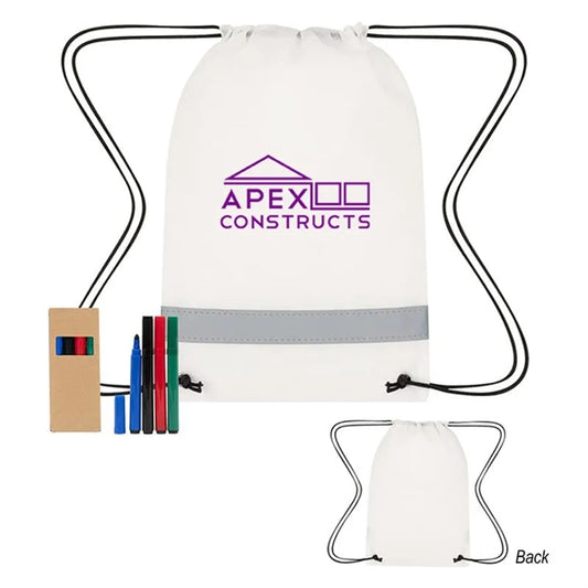 Reflective Non-Woven Drawstring Bag & 4 Washable Markers