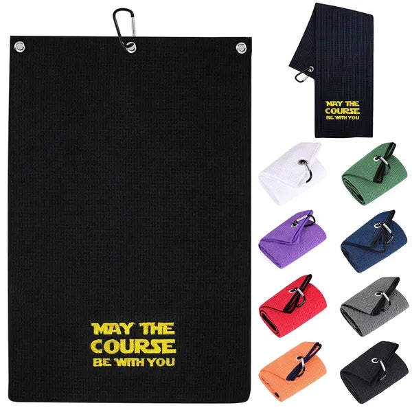 Tri-fold Waffle Microfiber Golf Towel-Embroidered Logo