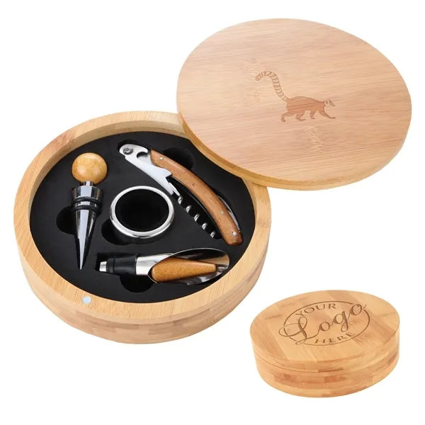 Personalized Wooden Round Wine Tool Set