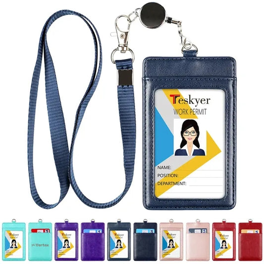 Leather ID Badge Holder with Retractable Lanyard 2 Card Slot