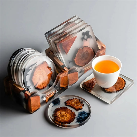 Cedar Wood and Epoxy Coasters Set with Holder