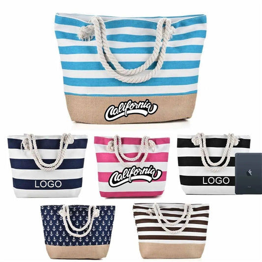 Beach Stripe Canvas Tote Bag with Rope Handle