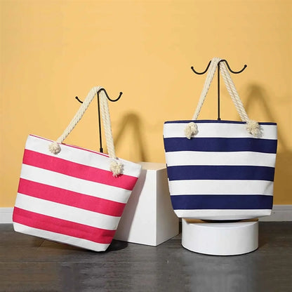 Beach Stripe Canvas Tote Bag with Rope Handle