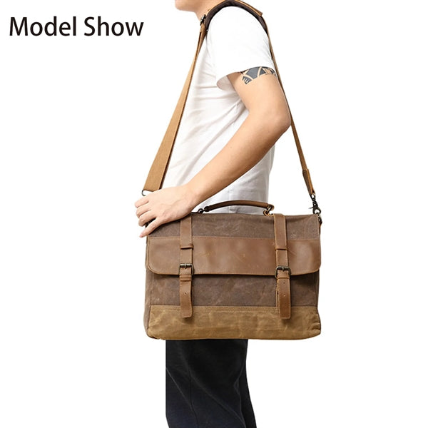 Genuine Leather Waxed Canvas Messenger Bag