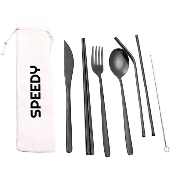 Portable Stainless Steel 7-Pieces Flatware Set with Pouch