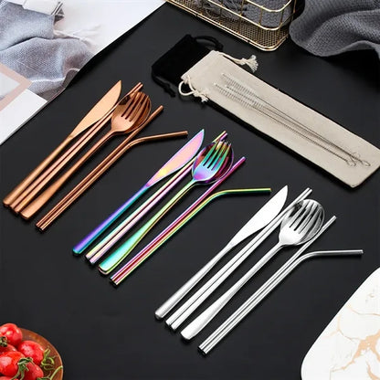 Portable Stainless Steel 7-Pieces Flatware Set with Pouch