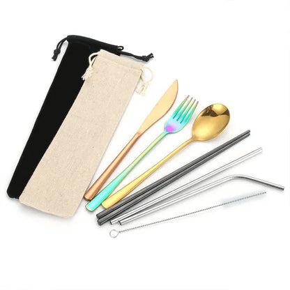 Portable Stainless Steel 7-Pieces Flatware Set with Pouch
