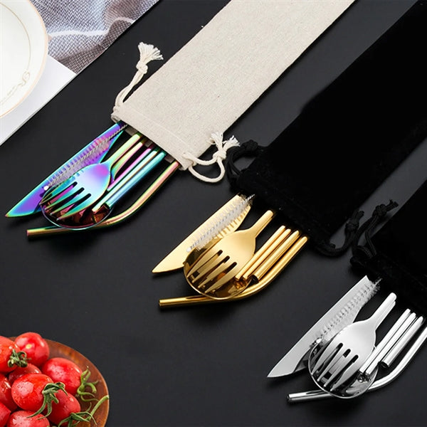 Portable Stainless Steel 7-Pieces Flatware Set with Pouch