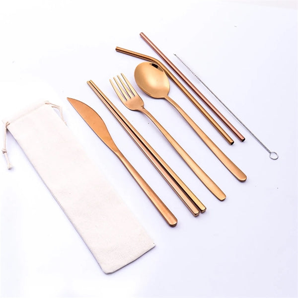 Portable Stainless Steel 7-Pieces Flatware Set with Pouch