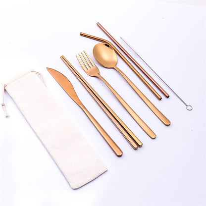 Portable Stainless Steel 7-Pieces Flatware Set with Pouch