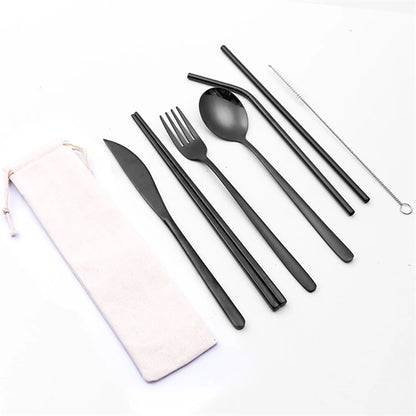Portable Stainless Steel 7-Pieces Flatware Set with Pouch