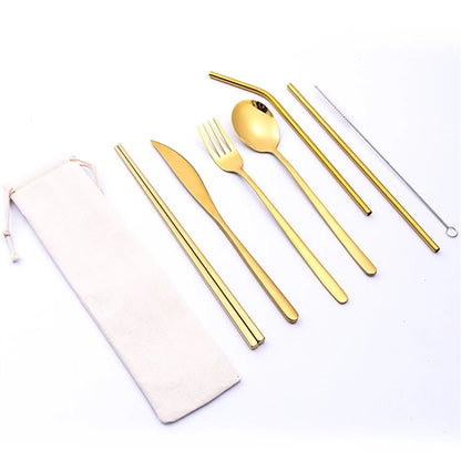 Portable Stainless Steel 7-Pieces Flatware Set with Pouch