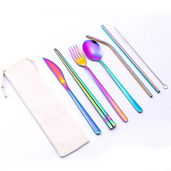 Portable Stainless Steel 7-Pieces Flatware Set with Pouch