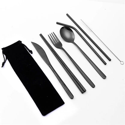 Portable Stainless Steel 7-Pieces Flatware Set with Pouch