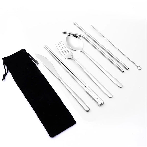Portable Stainless Steel 7-Pieces Flatware Set with Pouch