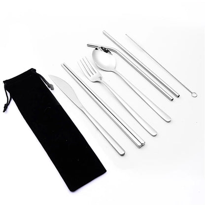Portable Stainless Steel 7-Pieces Flatware Set with Pouch