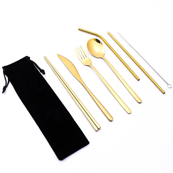 Portable Stainless Steel 7-Pieces Flatware Set with Pouch