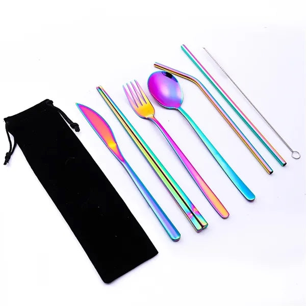 Portable Stainless Steel 7-Pieces Flatware Set with Pouch