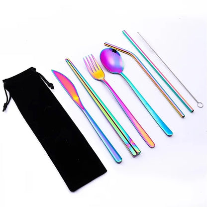 Portable Stainless Steel 7-Pieces Flatware Set with Pouch