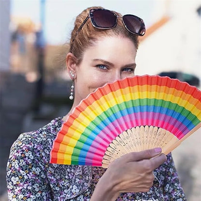 8" Fancy Bamboo Rainbow Folding Handheld Fans