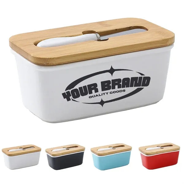Kitchen Ceramic Butter Dish with Bamboo Lid & Knife
