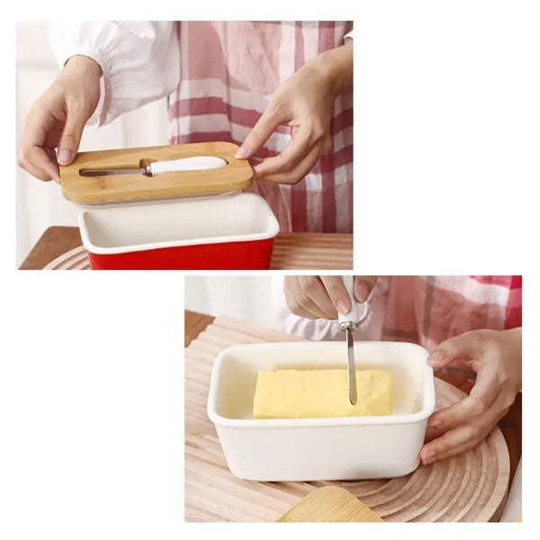 Kitchen Ceramic Butter Dish with Bamboo Lid & Knife