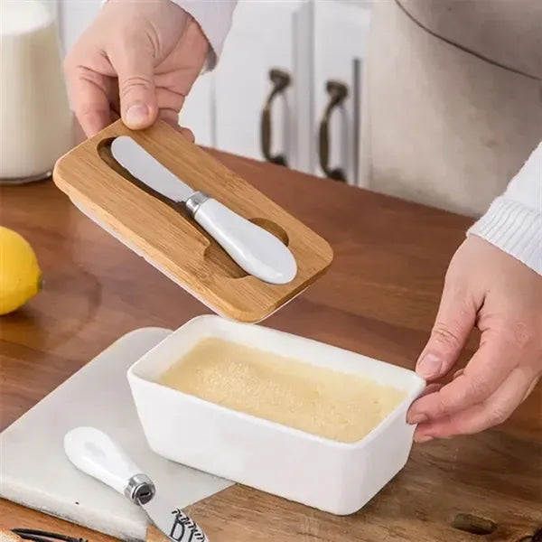 Kitchen Ceramic Butter Dish with Bamboo Lid & Knife