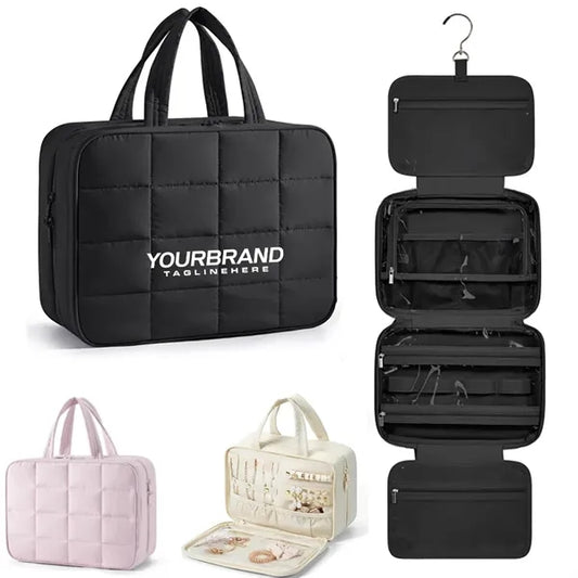 Travel Puffy Toiletry Cosmetic Bag with Jewelry Organizer
