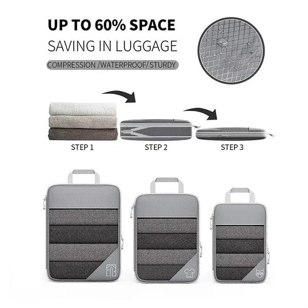 3PCS Compression Packing Cube Set Expandable Mesh Travel Bag
