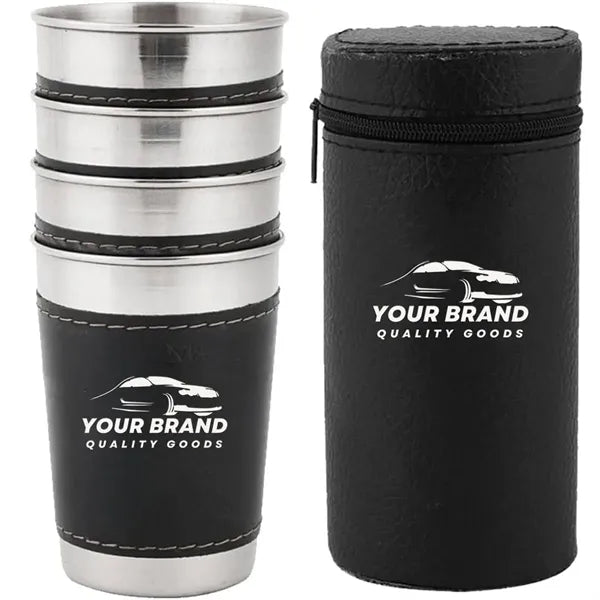 6oz.  Portable Stainless Steel Cups Set With Leather Cover