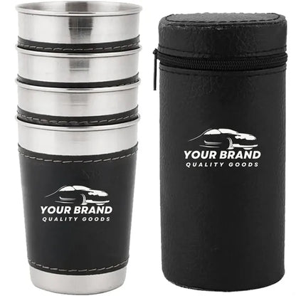 6oz.  Portable Stainless Steel Cups Set With Leather Cover