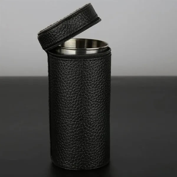 6oz.  Portable Stainless Steel Cups Set With Leather Cover