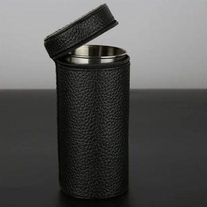 6oz.  Portable Stainless Steel Cups Set With Leather Cover