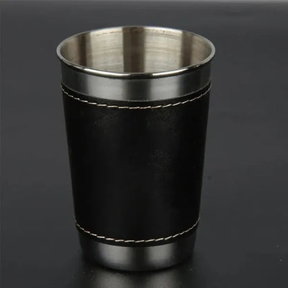 6oz.  Portable Stainless Steel Cups Set With Leather Cover