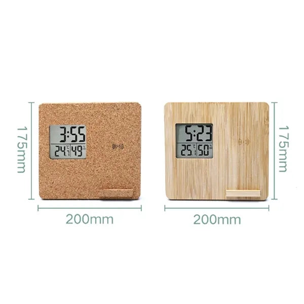 Wireless Charging Weather Temperature Humidity Bamboo Clock