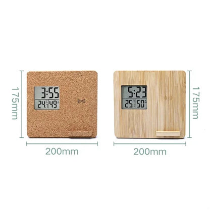 Wireless Charging Weather Temperature Humidity Bamboo Clock