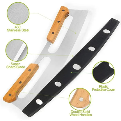14" Pizza Cutter Rocker with Wooden Handles And Cover