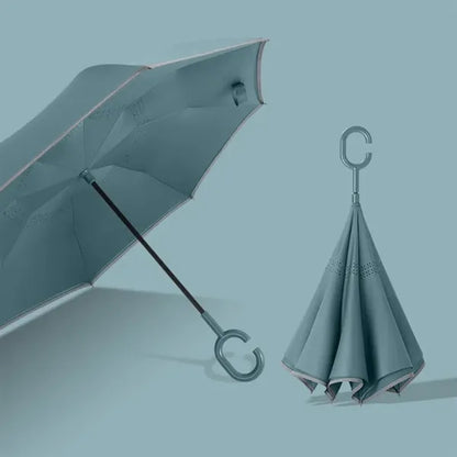 Inverted Umbrella with Reflective Stripe & C-Shaped Handle