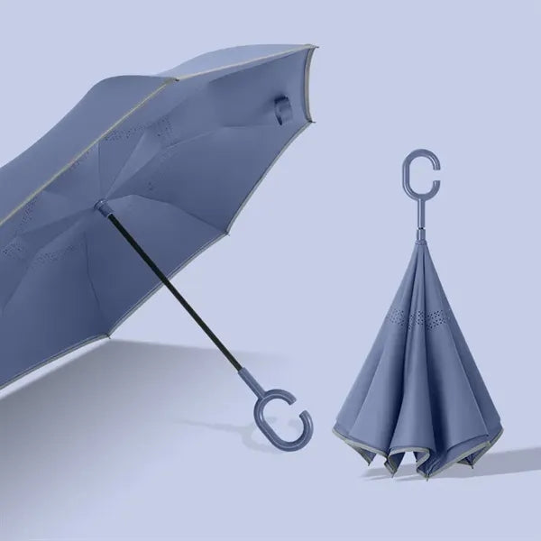 Inverted Umbrella with Reflective Stripe & C-Shaped Handle
