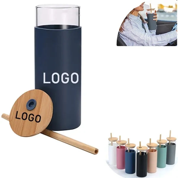 16Oz Glass Tumbler with Bamboo Lid & Straw