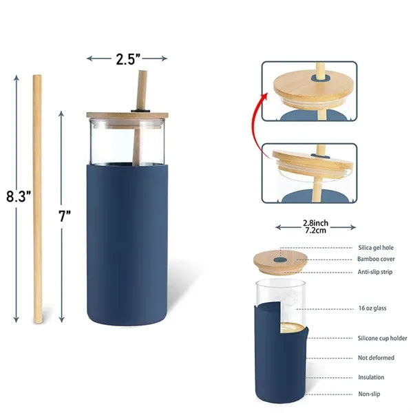 16Oz Glass Tumbler with Bamboo Lid & Straw