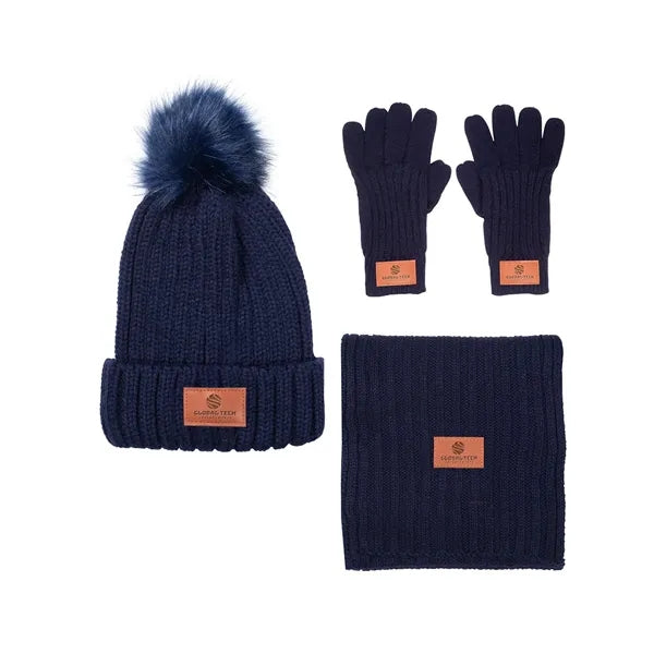Leeman Three-Piece Rib Knit Fur Pom Winter Set