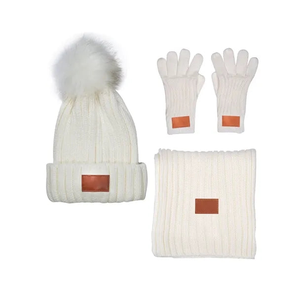 Leeman Three-Piece Rib Knit Fur Pom Winter Set