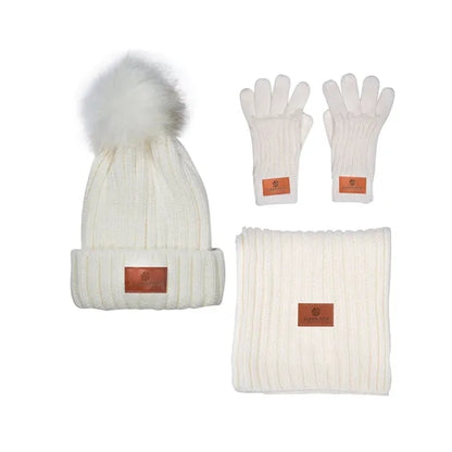 Leeman Three-Piece Rib Knit Fur Pom Winter Set