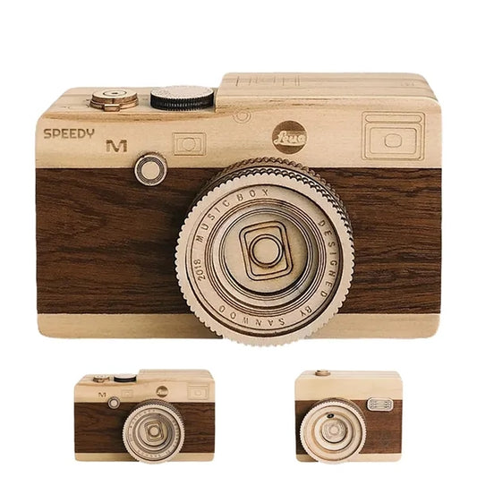 Retro Engraved Wooden Camera Musical Box