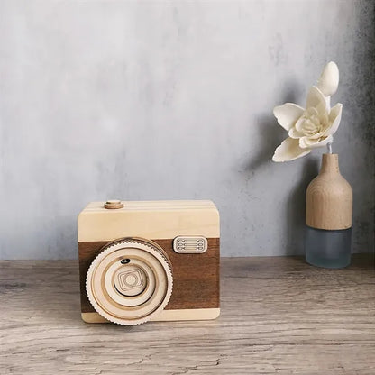 Retro Engraved Wooden Camera Musical Box