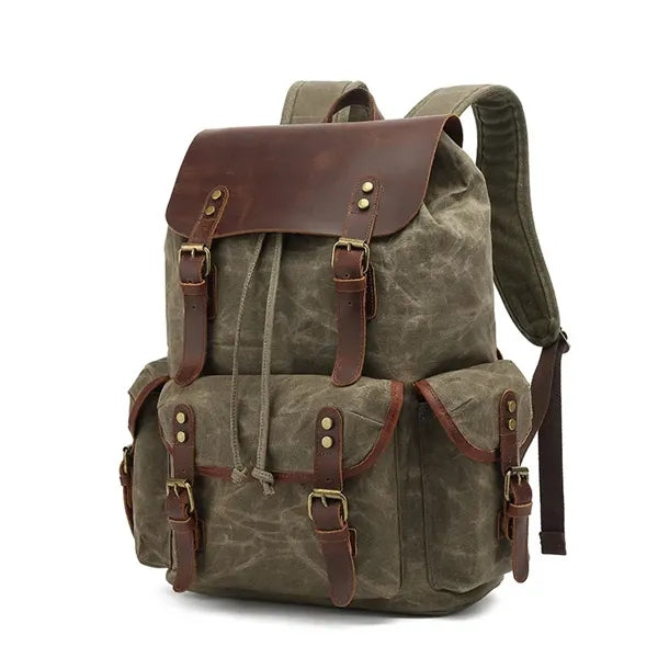Retro Waxed Canvas And Crazy Horse Leather Travel Backpack